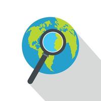 Magnifier on earth icon, flat style. vector