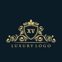 logotipo de la letra xv con escudo dorado de lujo. plantilla de vector de logotipo de elegancia.