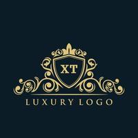 logotipo de la letra xt con escudo dorado de lujo. plantilla de vector de logotipo de elegancia.