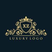 logotipo de la letra xz con escudo dorado de lujo. plantilla de vector de logotipo de elegancia.