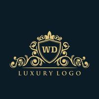 logotipo de letra wd con escudo dorado de lujo. plantilla de vector de logotipo de elegancia.