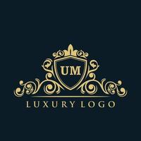 Letter UM logo with Luxury Gold Shield. Elegance logo vector template.