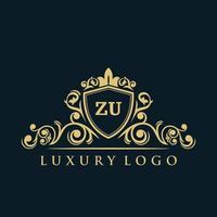 logotipo de la letra zu con escudo dorado de lujo. plantilla de vector de logotipo de elegancia.