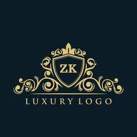 logotipo de la letra zk con escudo dorado de lujo. plantilla de vector de logotipo de elegancia.