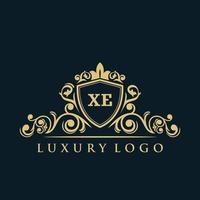 Letter XE logo with Luxury Gold Shield. Elegance logo vector template.