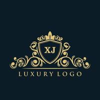 logotipo de la letra xj con escudo dorado de lujo. plantilla de vector de logotipo de elegancia.