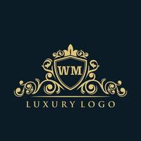logotipo de letra wm con escudo dorado de lujo. plantilla de vector de logotipo de elegancia.