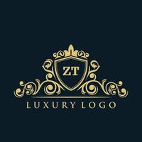 logotipo de la letra zt con escudo dorado de lujo. plantilla de vector de logotipo de elegancia.