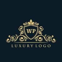 Letter WP logo with Luxury Gold Shield. Elegance logo vector template.
