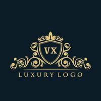 logotipo de la letra vx con escudo dorado de lujo. plantilla de vector de logotipo de elegancia.