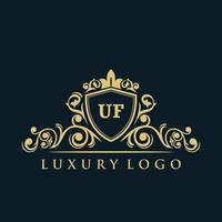 logotipo de la letra uf con escudo dorado de lujo. plantilla de vector de logotipo de elegancia.