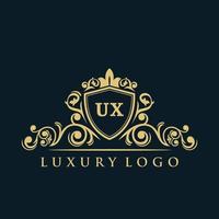 logotipo de la letra ux con escudo dorado de lujo. plantilla de vector de logotipo de elegancia.