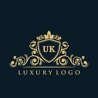 logo de carta uk con escudo de oro de lujo. plantilla de vector de logotipo de elegancia.