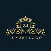 logotipo de la letra zj con escudo dorado de lujo. plantilla de vector de logotipo de elegancia.