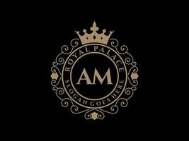 Letter AM Antique royal luxury victorian logo with ornamental frame. vector