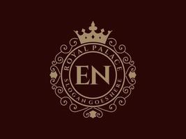 Letter EN Antique royal luxury victorian logo with ornamental frame. vector