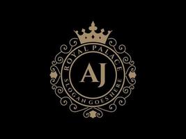 Letter AJ Antique royal luxury victorian logo with ornamental frame. vector