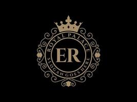 Letter ER Antique royal luxury victorian logo with ornamental frame. vector