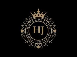 Letter HJ Antique royal luxury victorian logo with ornamental frame. vector