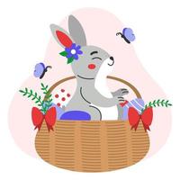 The hare sits in a wicker basket with Easter eggs. Easter celebration concept. Flat vector illustration.