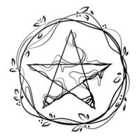 Pentagonal star graphic pentagram in a circle with branches and leaves Line drawing icon logo vector illustration.Five pointed star,pentacle,acculite sign isolated on white background.Tattoo or print