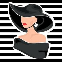 Fashion illustration Elegant woman in a hat on a striped background vector illustration.Abstract woman face with red lips and a hat with large brim