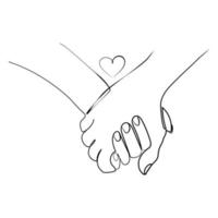 Holding hands with heart Line drawing vector illustration. Man and woman couple holding hands together Minimal art design.Outline Drawing sketch