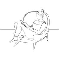 mujer joven relajada sentada en una silla cómoda con un libro de dibujo de línea continua ilustración vectorial. mujer leyendo un libro o revista en casa esquema de dibujo simple, carteles, arte de pared, pegatinas vector