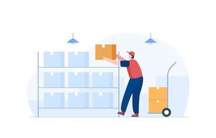 Male Worker Arranging Boxes In Warehouse. Vector Illustration
