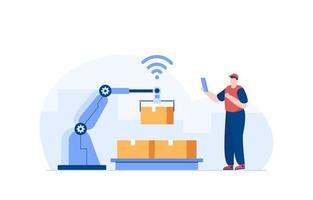 Warehouse robotic arm stacking package. Vector illustration