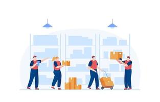 A person working in a warehouse. Employees sort boxes on carts. Vector illustration