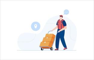 Warehouse worker transporting packages. vector