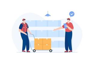 Warehouse worker checking cardboard boxes preparing goods for dispatch. Vector illustration