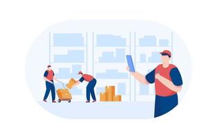 Warehouse manager checks the available stock. Employees working at warehouse.  Vector illustration