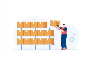 Warehouse Worker scanning parcel barcode and arranging boxes. vector