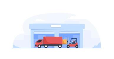 Worker loading packages on truck. Man driving forklift. Vector illustration