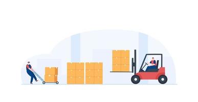 Warehouse workers loading boxes on forklift. inventory management. Illustration vector