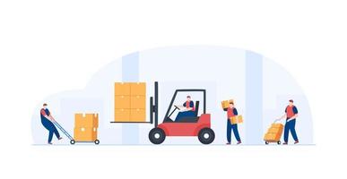 Warehouse workers lifting box with forklift.  Warehouse forklift logistics. transport industry. Illustration vector
