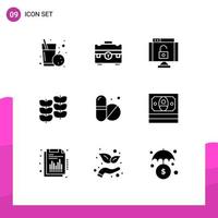 Pictogram Set of 9 Simple Solid Glyphs of medical plant portfolio leafe security Editable Vector Design Elements