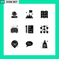 Universal Icon Symbols Group of 9 Modern Solid Glyphs of coding time user digital alarm Editable Vector Design Elements