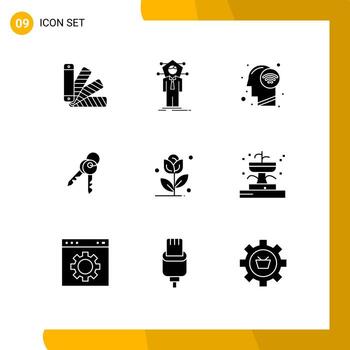 9 Universal Solid Glyph Signs Symbols of flower security solution keys wifi signal Editable Vector Design Elements