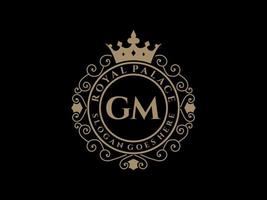 Letter GM Antique royal luxury victorian logo with ornamental frame. vector