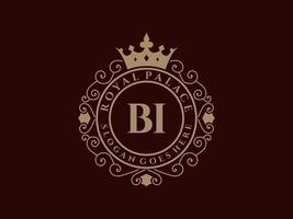 Letter BI Antique royal luxury victorian logo with ornamental frame. vector