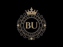 Letter BU Antique royal luxury victorian logo with ornamental frame. vector