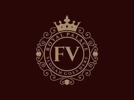 Letter FV Antique royal luxury victorian logo with ornamental frame. vector