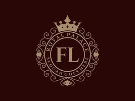 letra fl logotipo victoriano de lujo real antiguo con marco ornamental. vector