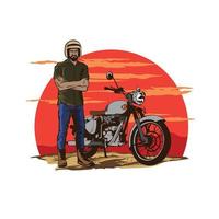 un hombre con una motocicleta clásica retro, excelente para el logotipo de la comunidad de motociclistas y el diseño de camisetas vector