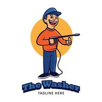 Mascot character Smiling man with Washer gun pressure in retro style, good for cleaning service business logo