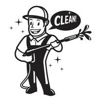 Mascot character Smiling man with Washer pressure gun in cartoon retro style, good for cleaning service business logo vector