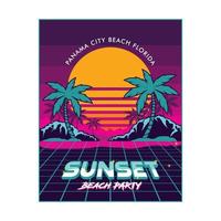 Sunset view beach palm vector illustration in retro design, perfec for poster and t shirt design